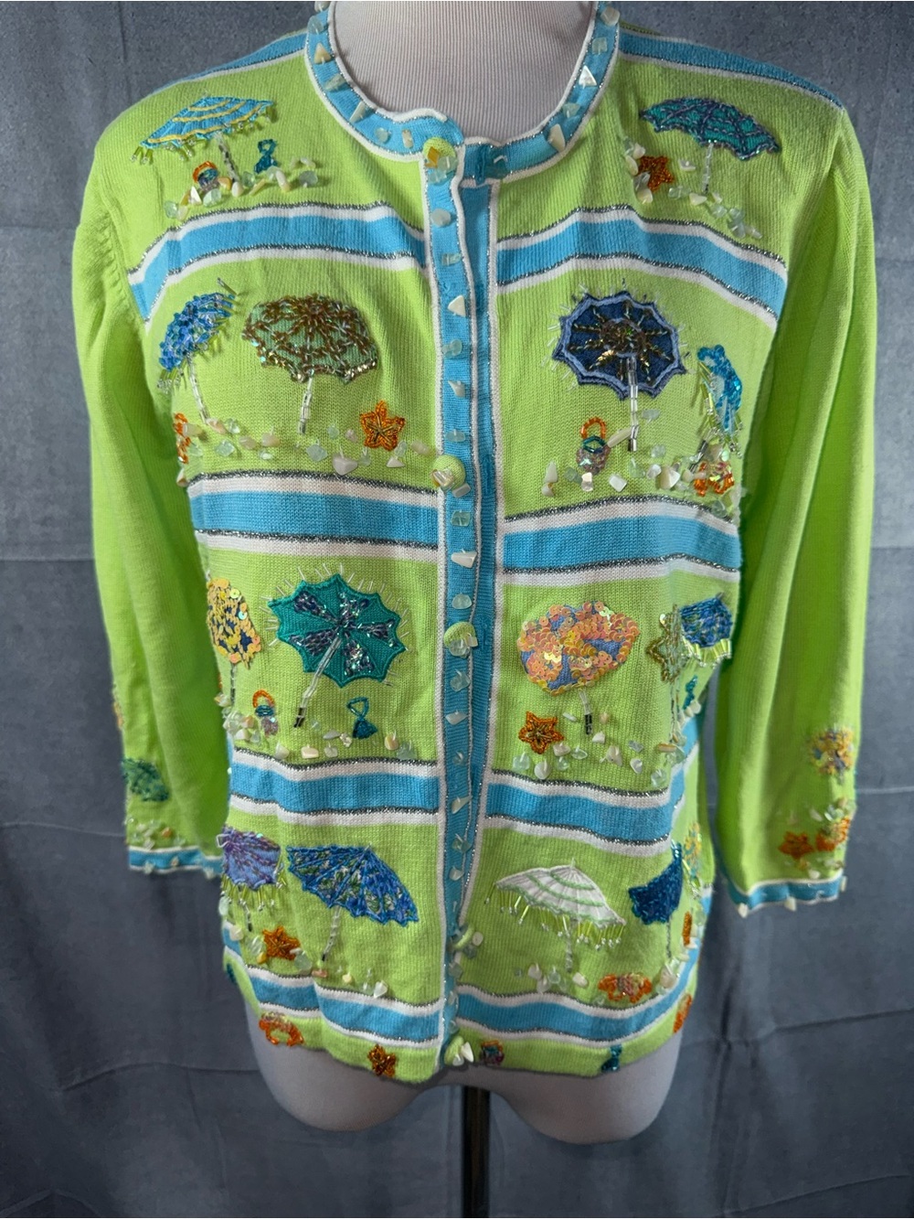 2328-Just be Lime Green Knit Cardigan with Blue Stripe & Umbrella Embellishment